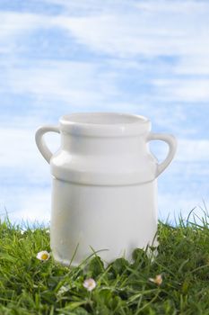 Ceramic  Old style milk jug on the grass with cflowers  the sky with clouds on the background.