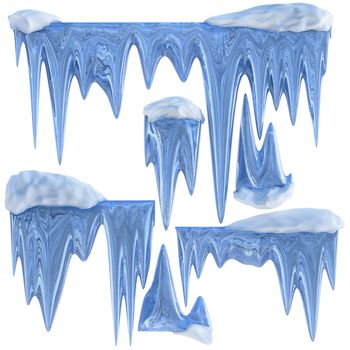 set of hanging thawing and melting blue dripping icicles, as a shiny crystal glass, with crisp spikes in icy winter season time from freezer make around arctic frost with icing on the scene