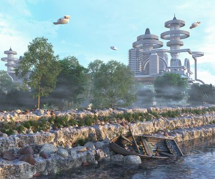 view of Futuristic City with flying spaceships and old boat and modern concept