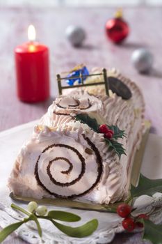 Yule log of white chocolate mousse,