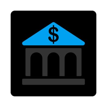 Bank icon. The icon symbol is drawn with blue and gray colors on a black button isolated on a white background.