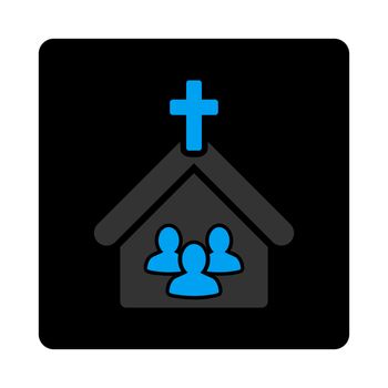 Church icon. The icon symbol is drawn with blue and gray colors on a black button isolated on a white background.
