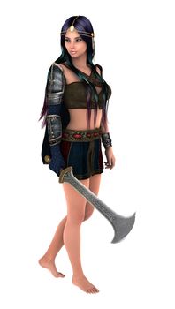 3D digital render of a beautiful warrior woman holding a sword isolated on white background