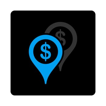 Bank places icon. The icon symbol is drawn with blue and gray colors on a black button isolated on a white background.