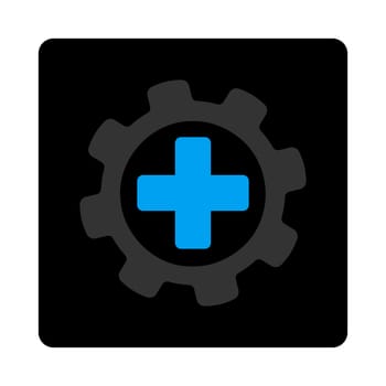 Medical settings icon. The icon symbol is drawn with blue and gray colors on a black button isolated on a white background.