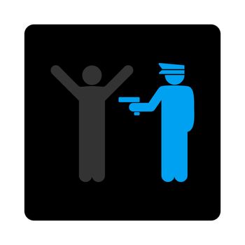 Police icon. The icon symbol is drawn with blue and gray colors on a black button isolated on a white background.