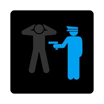 Arrest icon. The icon symbol is drawn with blue and gray colors on a black button isolated on a white background.