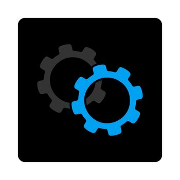 Gears icon. The icon symbol is drawn with blue and gray colors on a black button isolated on a white background.