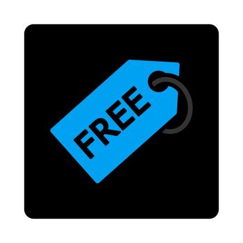 Free tag icon. The icon symbol is drawn with blue and gray colors on a black button isolated on a white background.