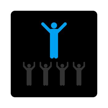 Religion icon. The icon symbol is drawn with blue and gray colors on a black button isolated on a white background.