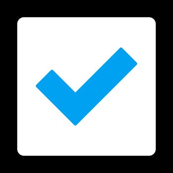 Accept icon. This flat rounded square button uses blue and white colors and isolated on a black background.