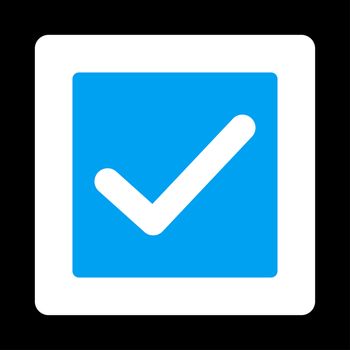 Check icon. This flat rounded square button uses blue and white colors and isolated on a black background.