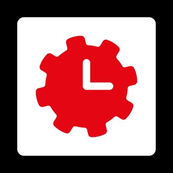 Time settings icon. This flat rounded square button uses red and white colors and isolated on a black background.