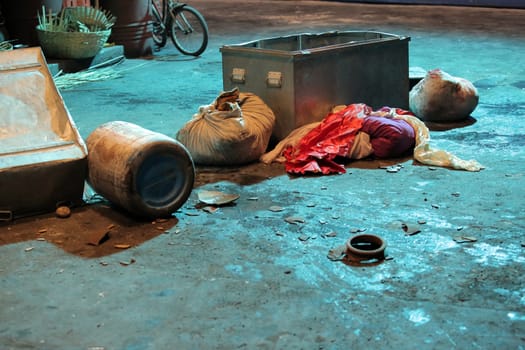 The belongings of a poor person living on the streetside in Mumbai, India.