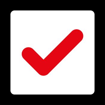 Yes icon. This flat rounded square button uses red and white colors and isolated on a black background.