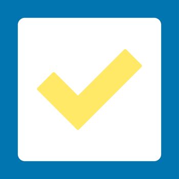 Accept icon. This flat rounded square button uses yellow and white colors and isolated on a blue background.