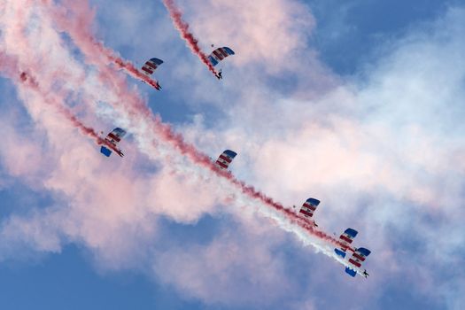 The Royal Air Force Falcons Parachute Display Team in action