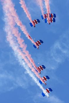 The Royal Air Force Falcons Parachute Display Team in action