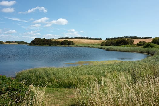 Beautiful lush green country side lake Funen Denmark                               