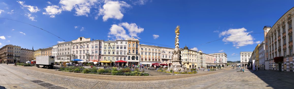 Panorama of the main square in Linz, Austria in sunny weather in summer