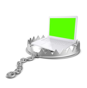 Laptop in bear trap on isolated white background, close-up view