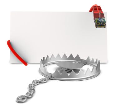 Label with cable in bear trap on isolated white background, close-up view