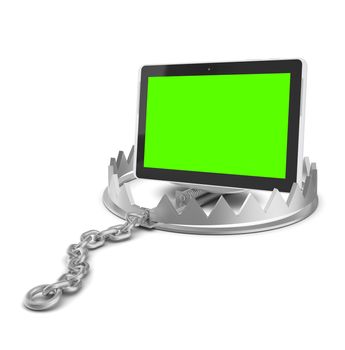 Tablet in bear trap on isolated white background, close-up view