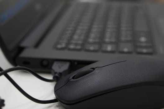 Computer mouse and keyboard are black color on desk at office.                          