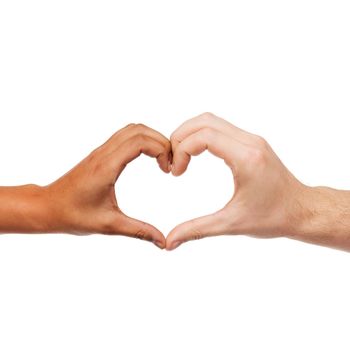 love and relationships concept - closeup of woman and man hands showing heart shape