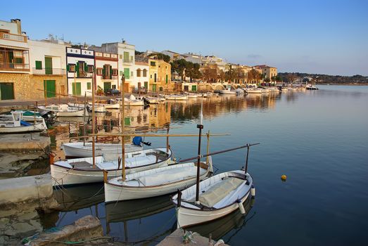 Porto Colom typical seaside village in Majorca (Spain) at sunset