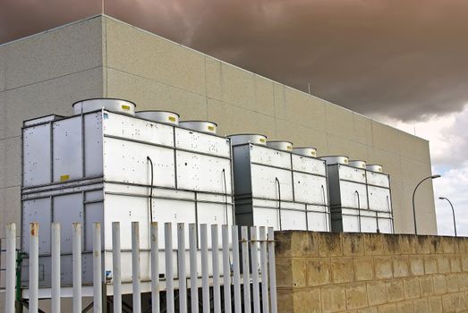 Industrial Cooling Towers used for refrigeration purposes in a big building