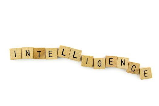 Intelligence word wooden alphabet blocks on white background from top view