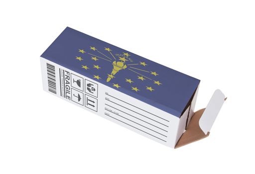 Concept of export, opened paper box - Product of Indiana