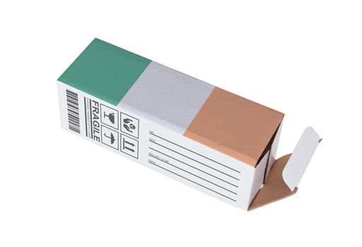 Concept of export, opened paper box - Product of Ireland
