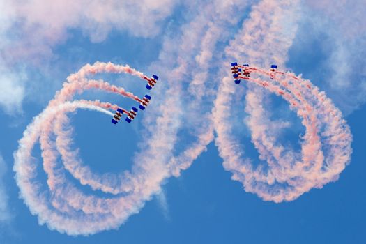 The Royal Air Force Falcons Parachute Display Team in action