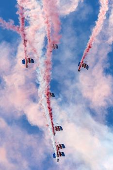 The Royal Air Force Falcons Parachute Display Team in action