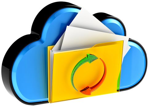 concept of cloud computing and circulation digital documents as is blue glossy cloud icon with folder and documents on white background