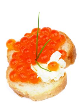Snack with Delicious Red Caviar, Butter, Spring Onion and Slice of Crunchy Baguette Isolated on white background