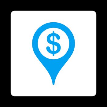 Bank map marker icon. Glyph style is blue and white colors, flat rounded square button on a black background.