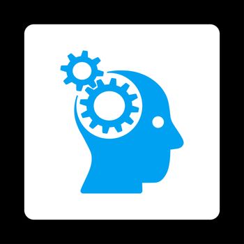 Brainstorming icon. Glyph style is blue and white colors, flat rounded square button on a black background.