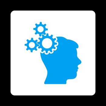 Business idea icon. Glyph style is blue and white colors, flat rounded square button on a black background.