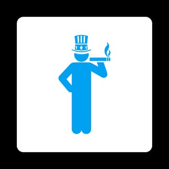 Capitalist icon. Glyph style is blue and white colors, flat rounded square button on a black background.