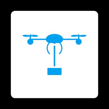 Copter shipment icon. Glyph style is blue and white colors, flat rounded square button on a black background.