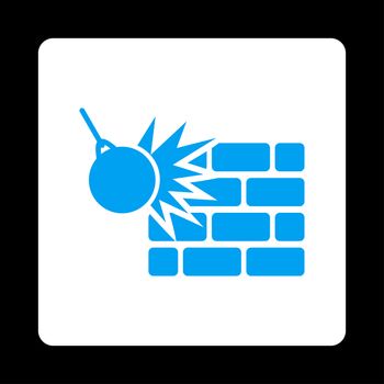 Destruction icon. Glyph style is blue and white colors, flat rounded square button on a black background.