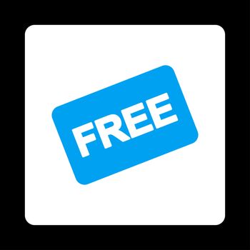 Free card icon. Glyph style is blue and white colors, flat rounded square button on a black background.