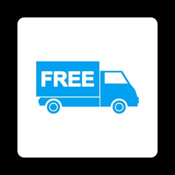 Free shipment icon. Glyph style is blue and white colors, flat rounded square button on a black background.