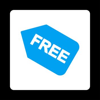 Free sticker icon. Glyph style is blue and white colors, flat rounded square button on a black background.