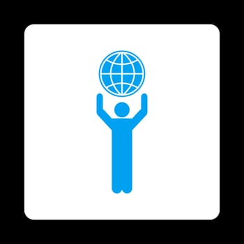 Globalist icon. Glyph style is blue and white colors, flat rounded square button on a black background.