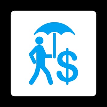 Umbrella icon. This flat glyph symbol uses blue and white colors, rounded angles, and black background on a black background.