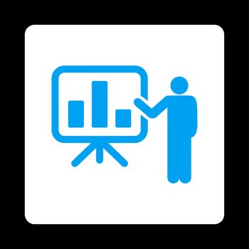 Presentation icon. Glyph style is blue and white colors, flat rounded square button on a black background.